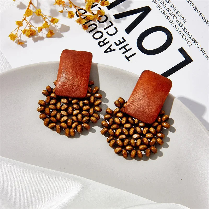 Vintage Wooden Rattan Clip on Earrings