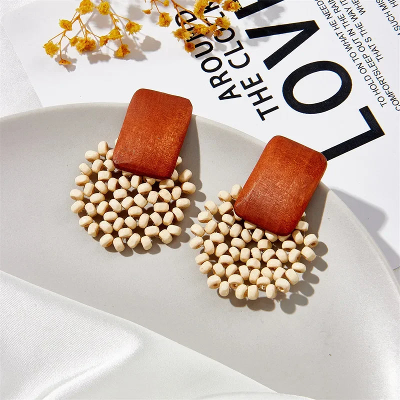 Vintage Wooden Rattan Clip on Earrings