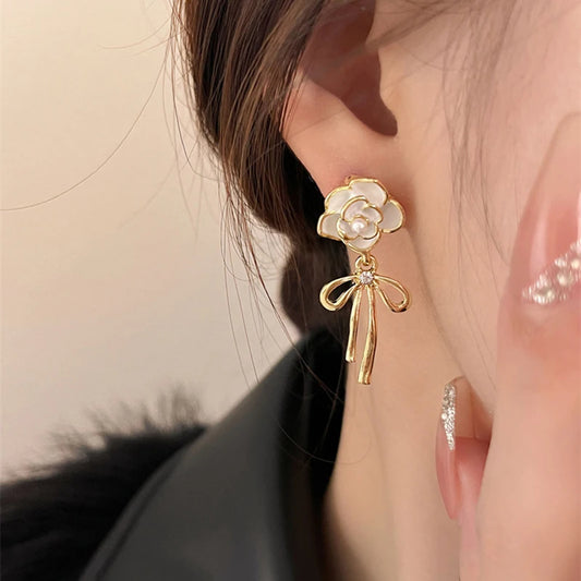 White Rose n Ribbon Clip on Earrings