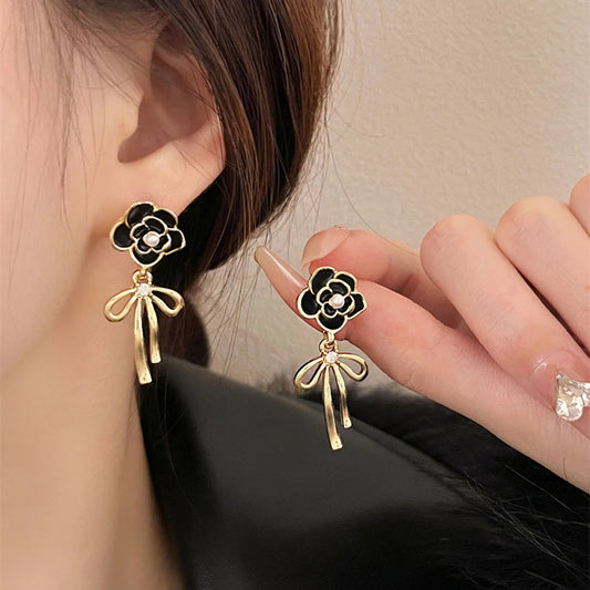 Black Rose n Ribbon Clip on Earrings